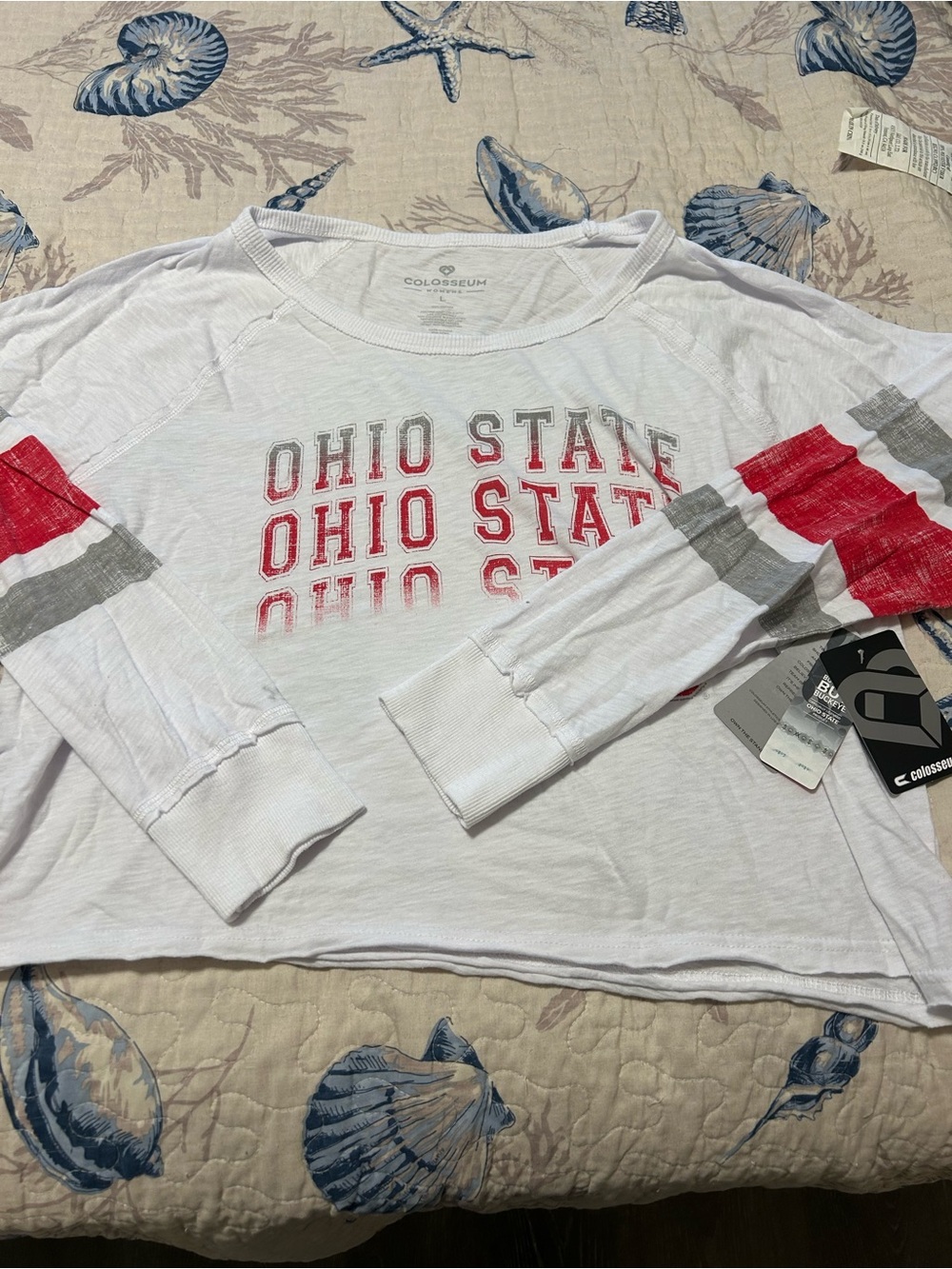 Colosseum White Women's Long-Sleeve Cropped Top with Red & Gray Sleeve Stripes.